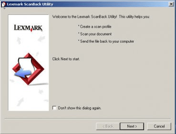 Окно приветствия Lexmark ScanBack Utility версии 4.4