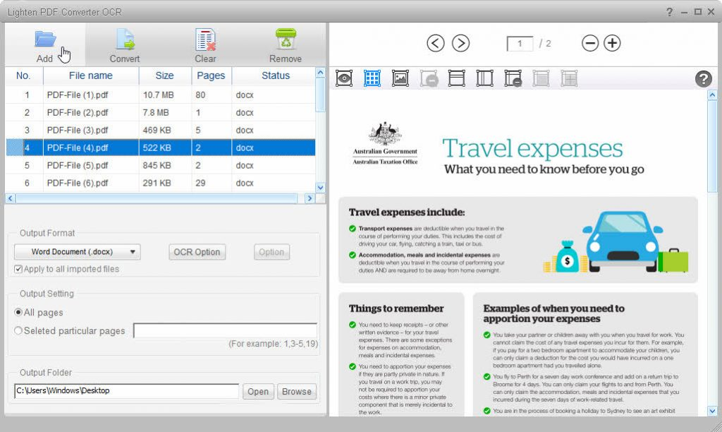Главное окно Lighten PDF Converter OCR со списком файлов и просмотром PDF