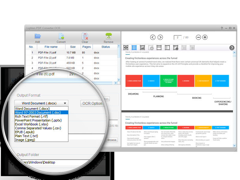 Выбор выходного формата в Lighten PDF Converter OCR