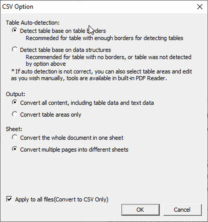 Параметры CSV Option в Lighten PDF Converter OCR