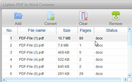 Очередь добавленных PDF в Lighten PDF to Word Converter