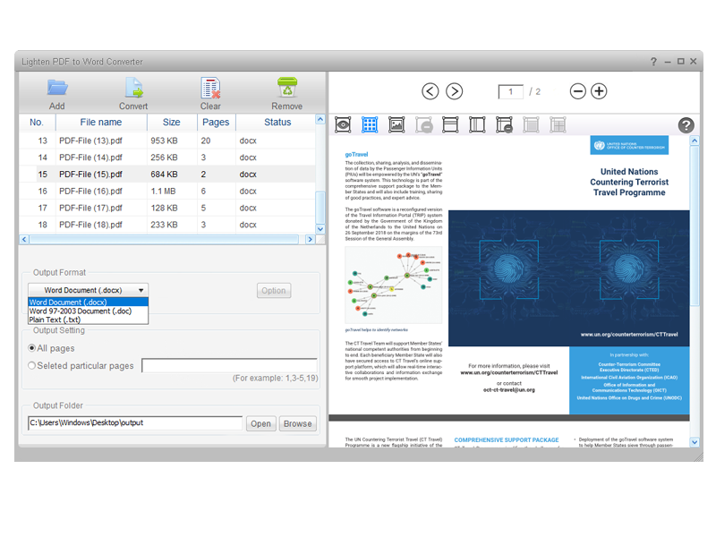 Главное окно Lighten PDF to Word Converter со списком файлов и просмотром PDF
