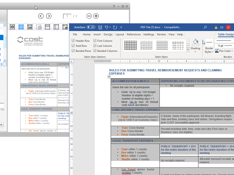 Сопоставление таблицы PDF и редактируемой таблицы Word