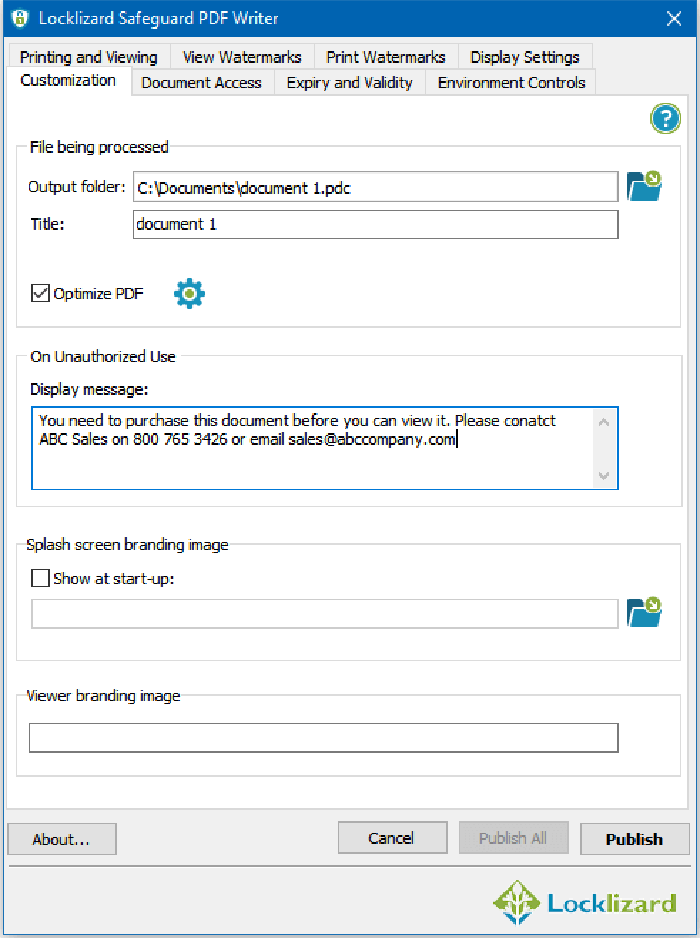 Окно Locklizard Safeguard PDF Writer с вкладками настроек