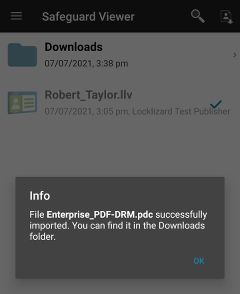 Сообщение об успешном импорте файла в Locklizard Safeguard Viewer на Android
