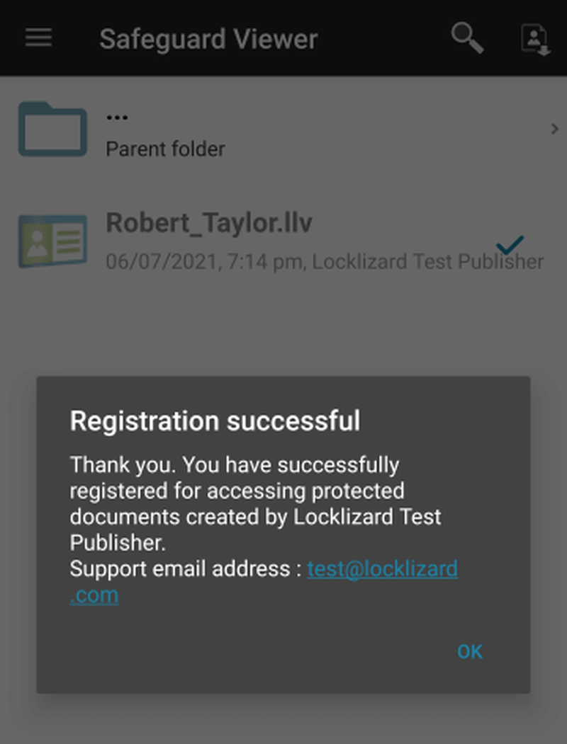 Результат регистрации лицензии в Locklizard Safeguard Viewer на Android