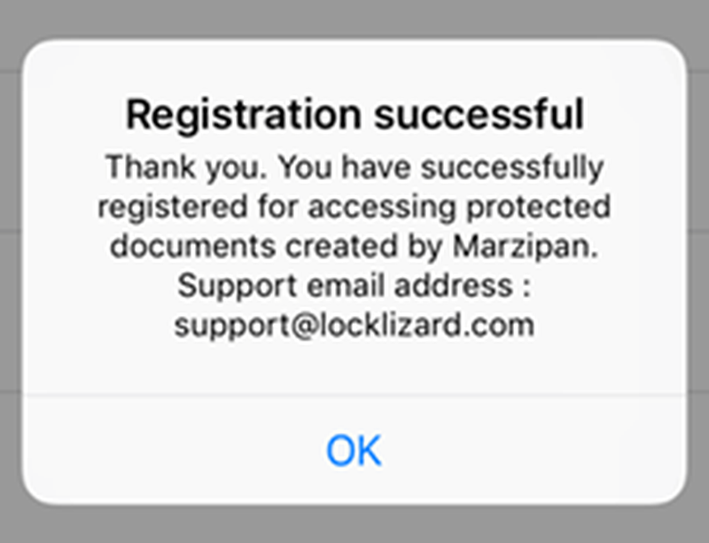 Сообщение об успешной регистрации LLV в Locklizard Safeguard Viewer на iOS