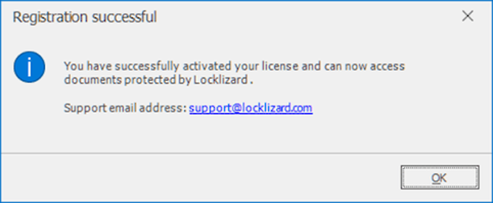 Сообщение об успешной регистрации лицензии в Locklizard Safeguard Viewer для Windows