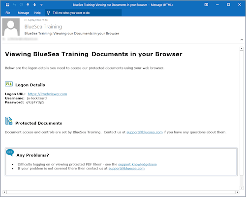 Письмо с адресом страницы, логином и паролем для Locklizard Safeguard Web Viewer