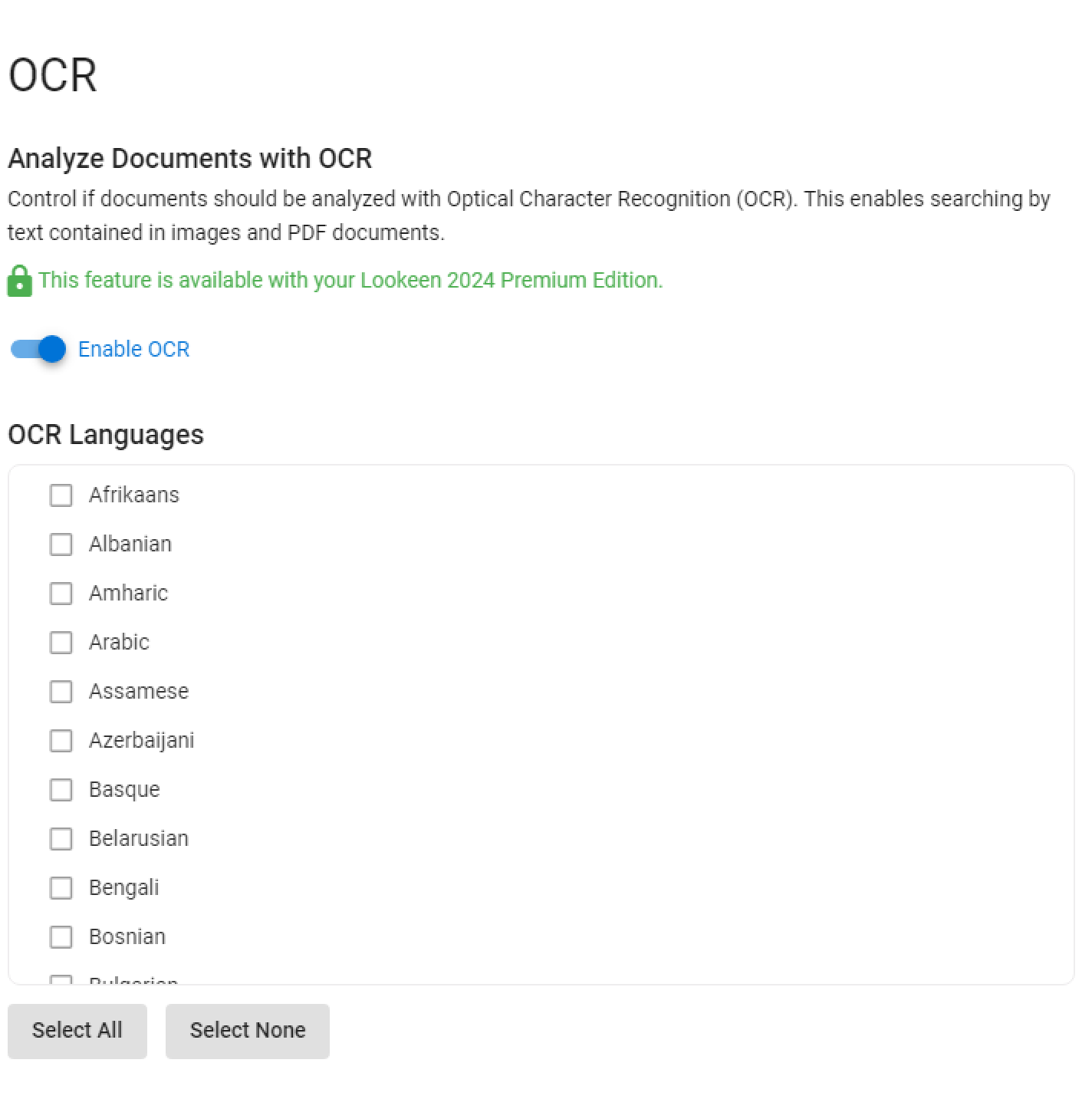 Выбор языков OCR в настройках Lookeen