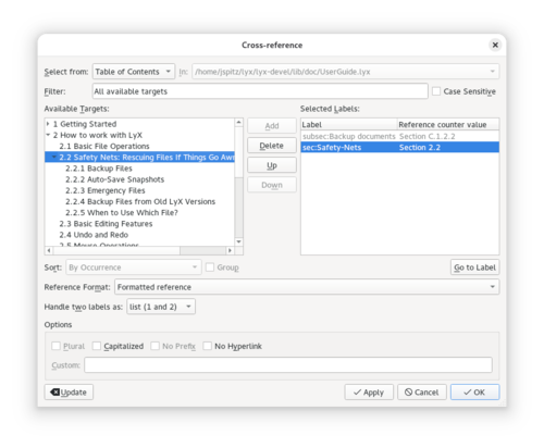 Диалог перекрёстных ссылок LyX 2.5