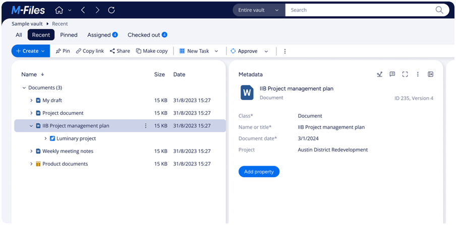 Панель действий, вкладки и карточка документа в M-Files