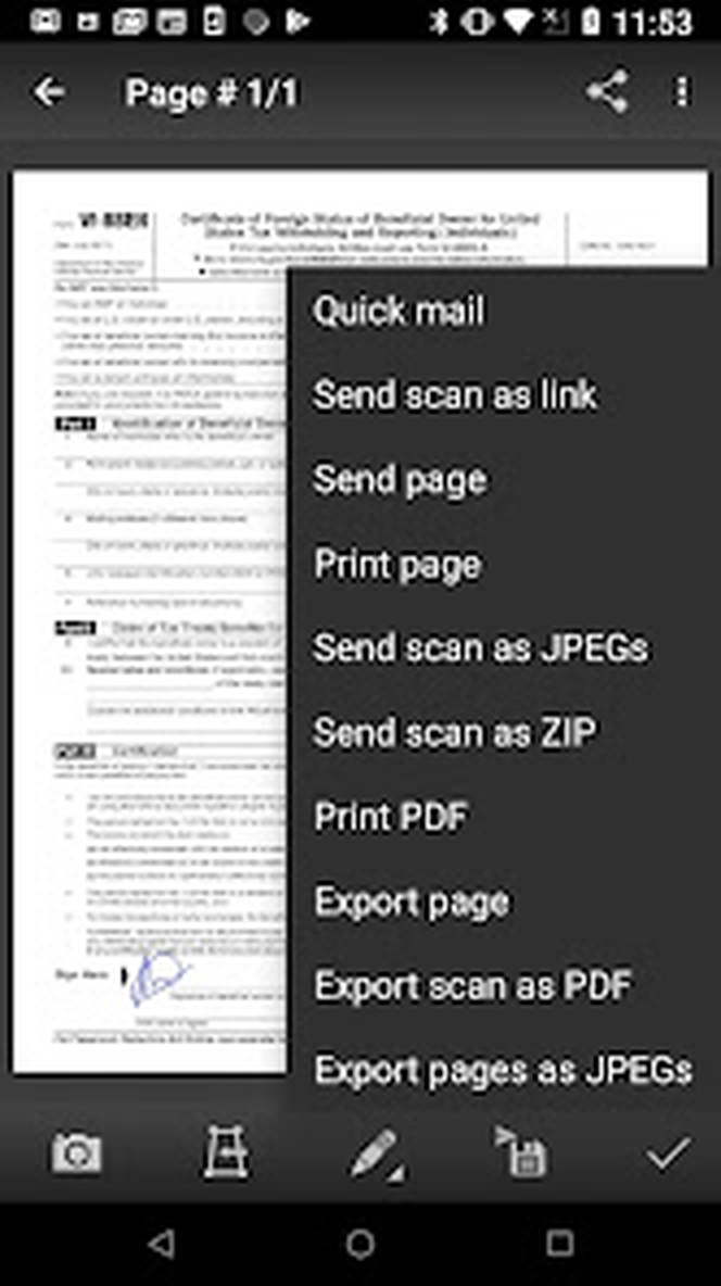 Меню экспорта MDScan с PDF, JPEG, ZIP, почтой и печатью