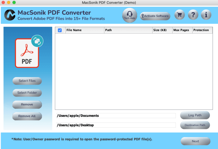 Главное окно MacSonik PDF Converter с кнопками выбора файлов и папки