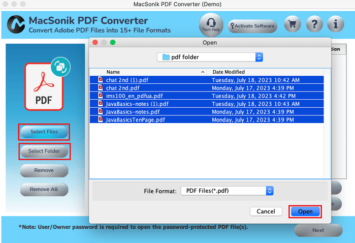 Системный диалог выбора нескольких PDF в MacSonik PDF Converter