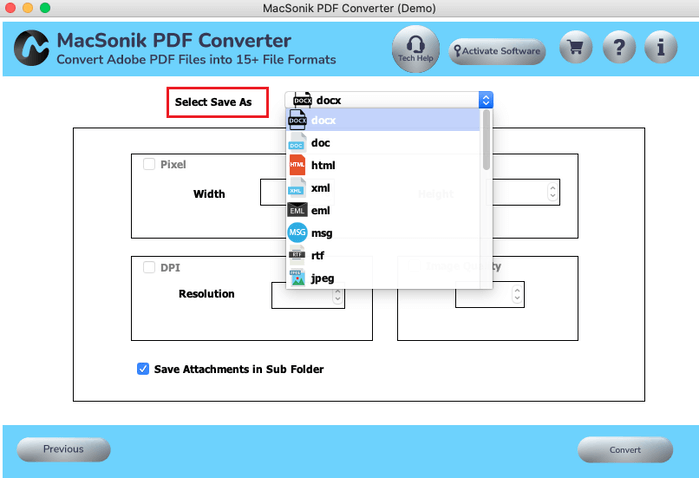 Раскрытый список форматов сохранения MacSonik PDF Converter