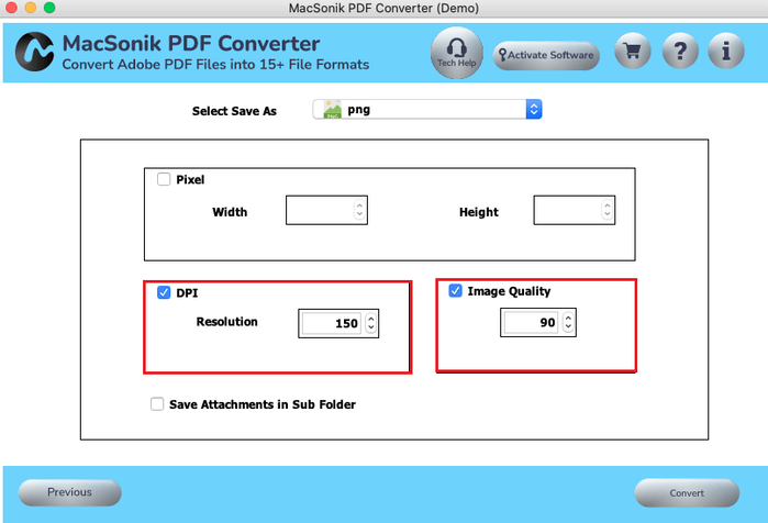 Настройка DPI и качества PNG в MacSonik PDF Converter