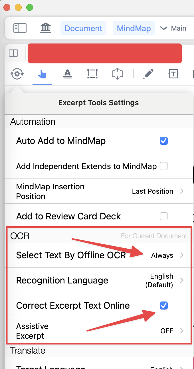 Настройки OCR и автоматического добавления выдержек в MarginNote 4