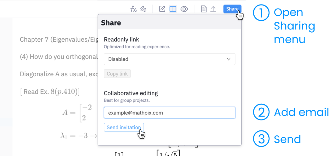 Приглашение участника к совместному редактированию Mathpix