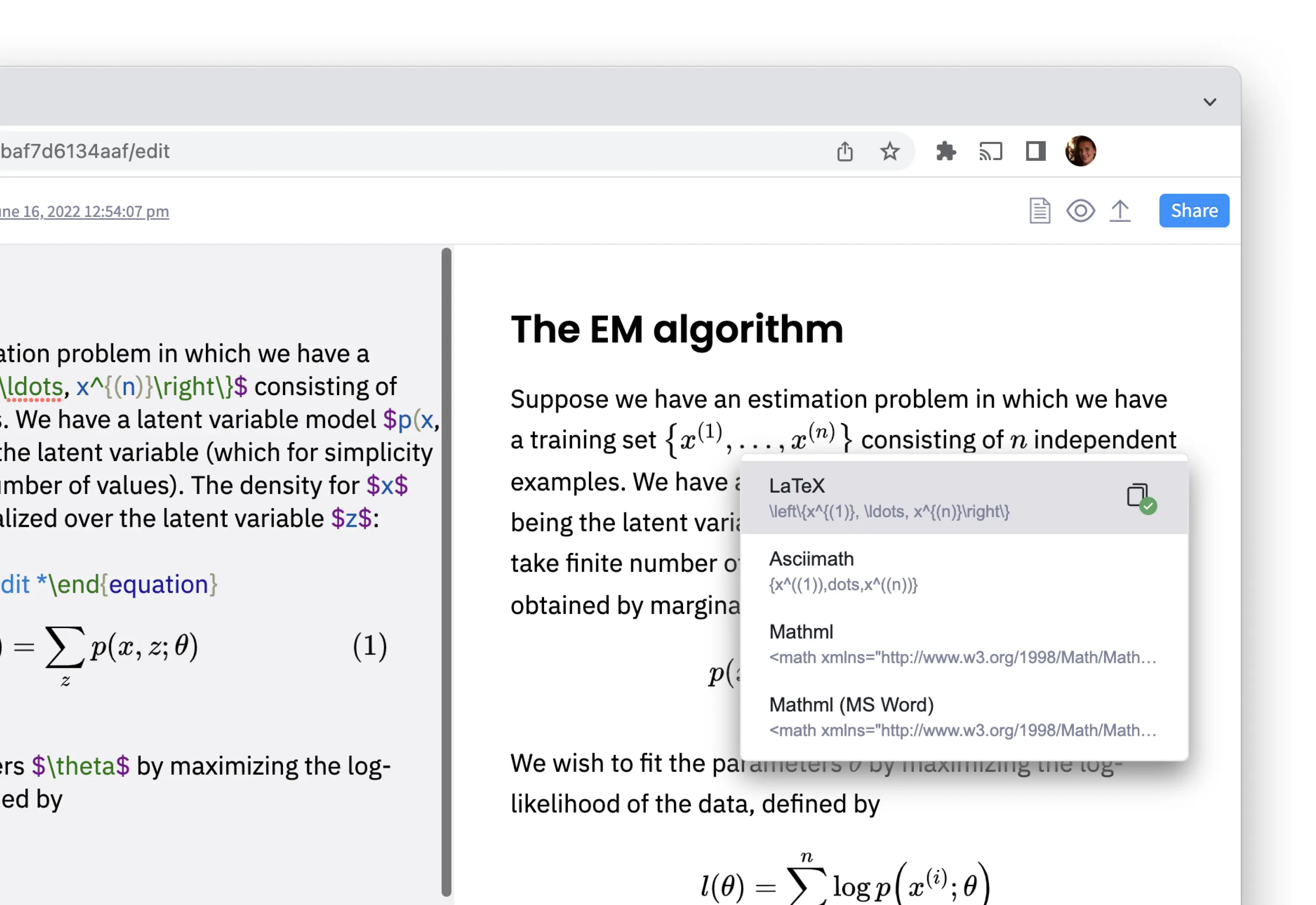 Выбор LaTeX, AsciiMath и MathML при копировании формулы