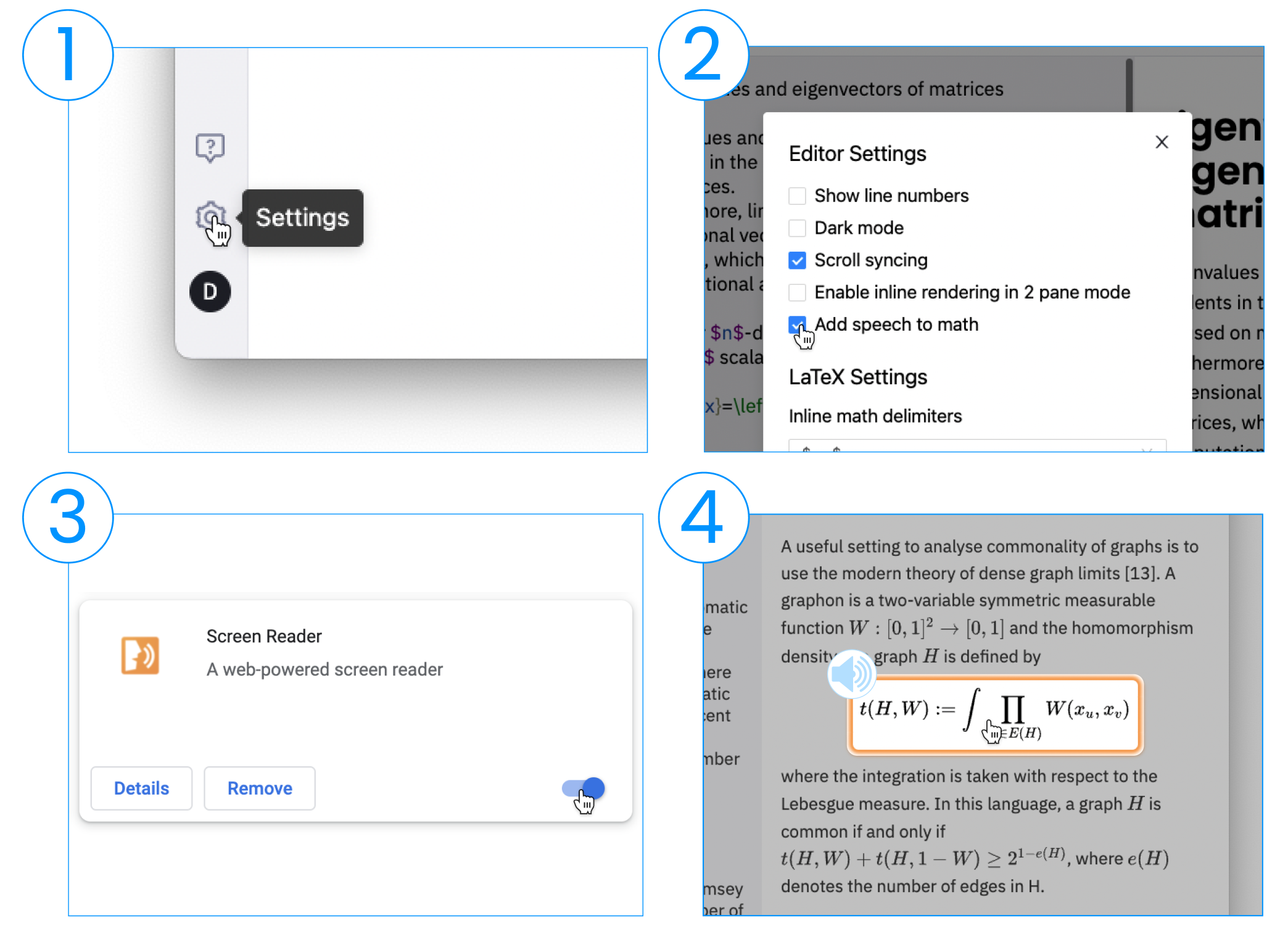 Включение функции озвучивания математики в настройках Mathpix