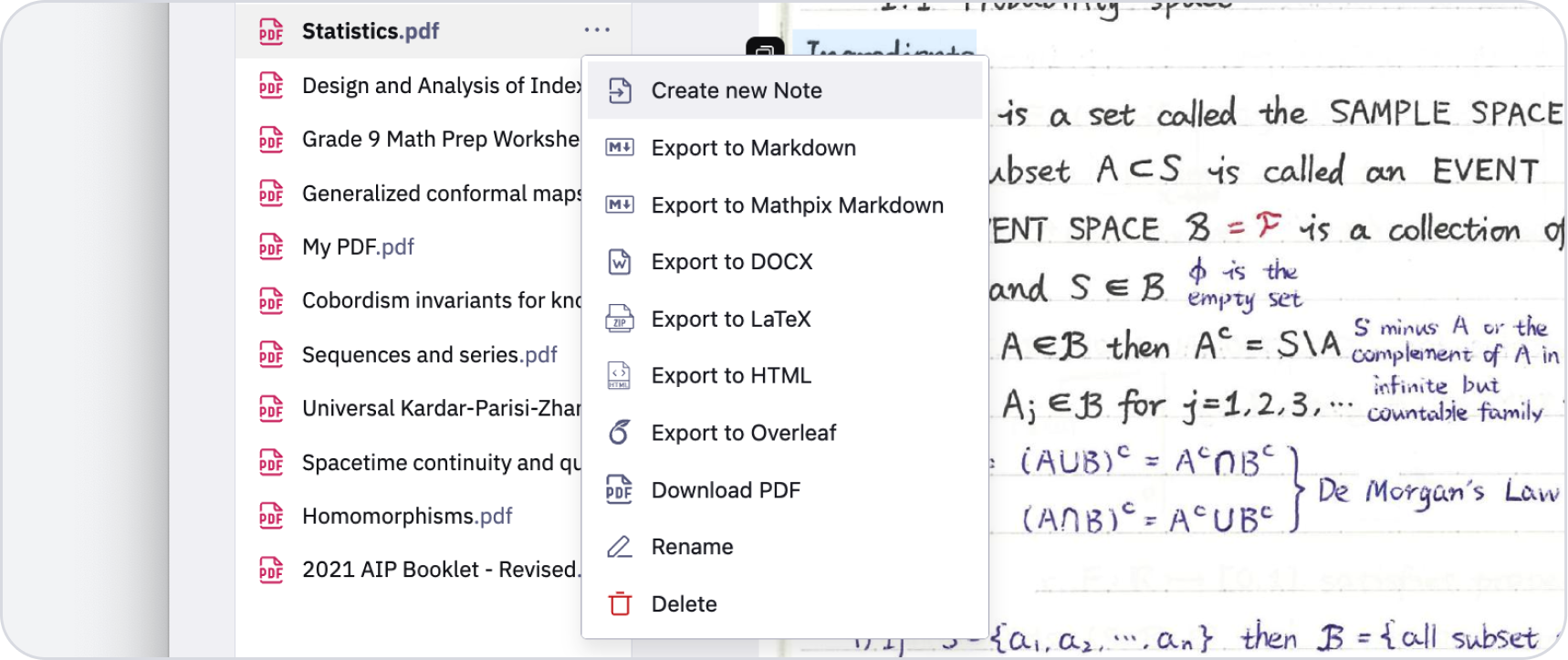 Меню экспорта PDF в Markdown, DOCX, LaTeX, HTML и Overleaf