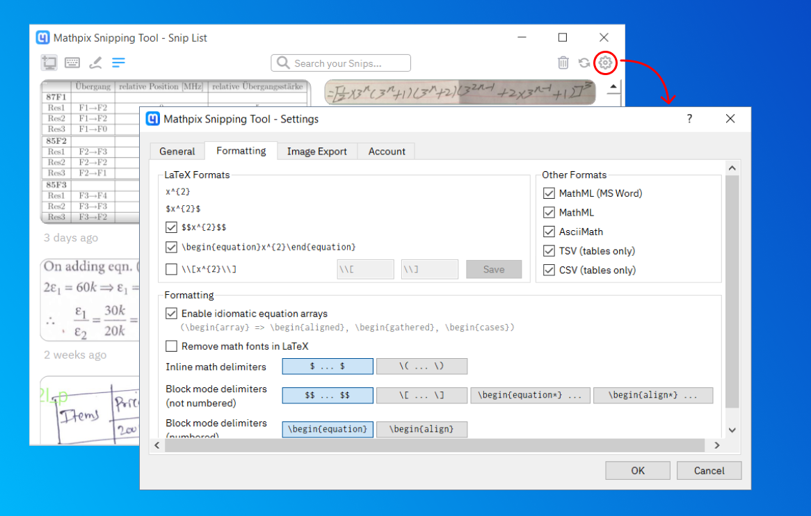 Интерфейс Mathpix Snip: настройки вывода и форматирования