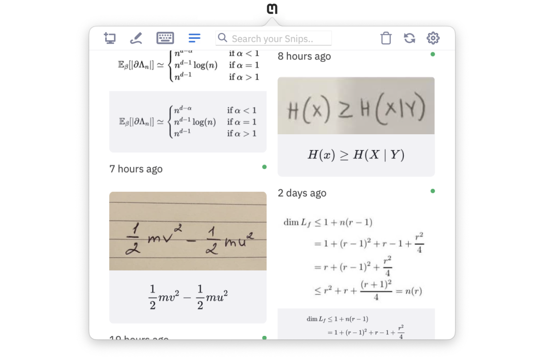 Интерфейс Mathpix Snip: главное окно и история snip-фрагментов
