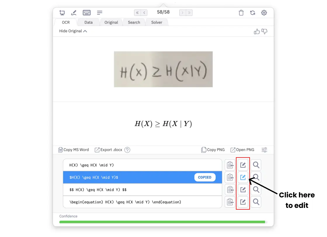 Интерфейс Mathpix Snip: редактирование распознанного результата