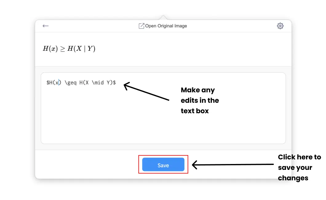 Поле правки распознанного содержимого в Mathpix Snip