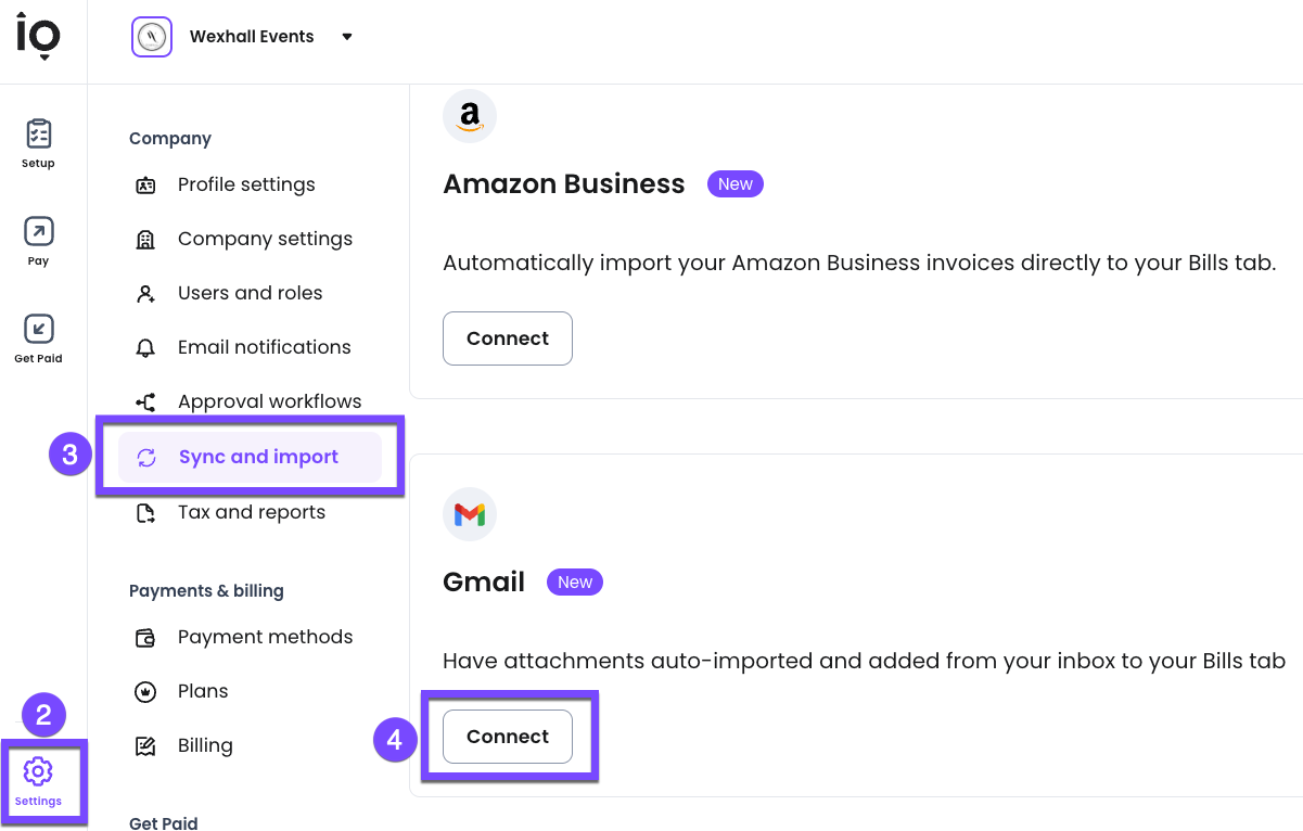 Раздел Sync and import с подключением Gmail и Amazon Business