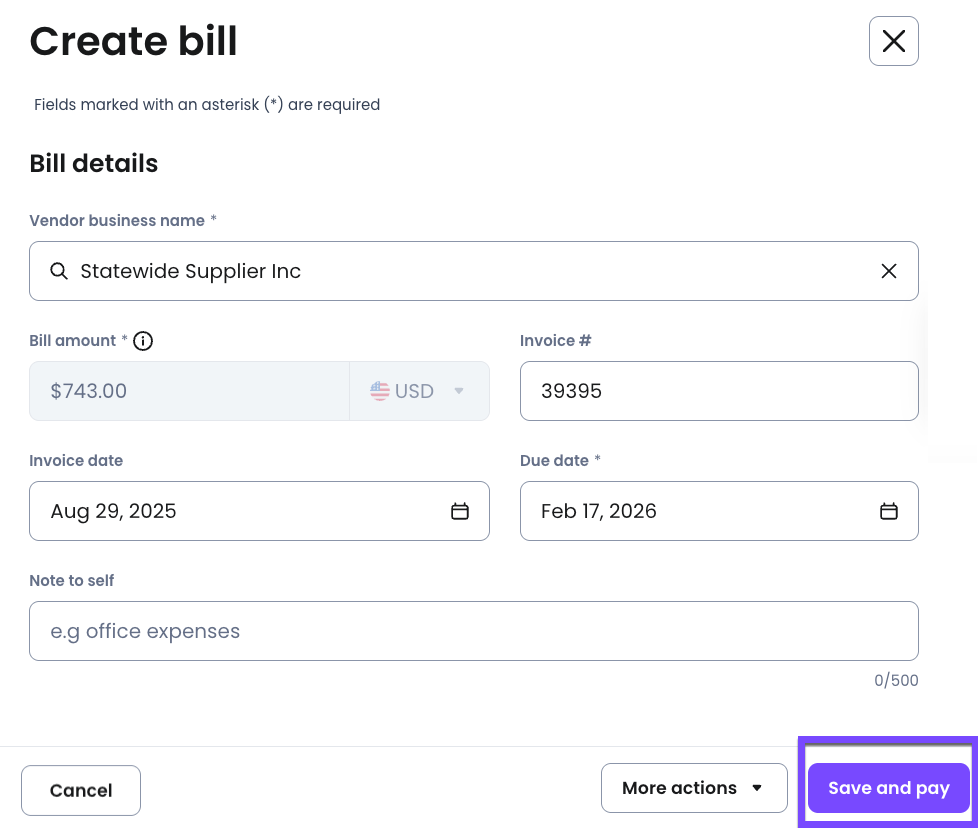 Заполненная карточка Create bill с кнопкой Save and pay