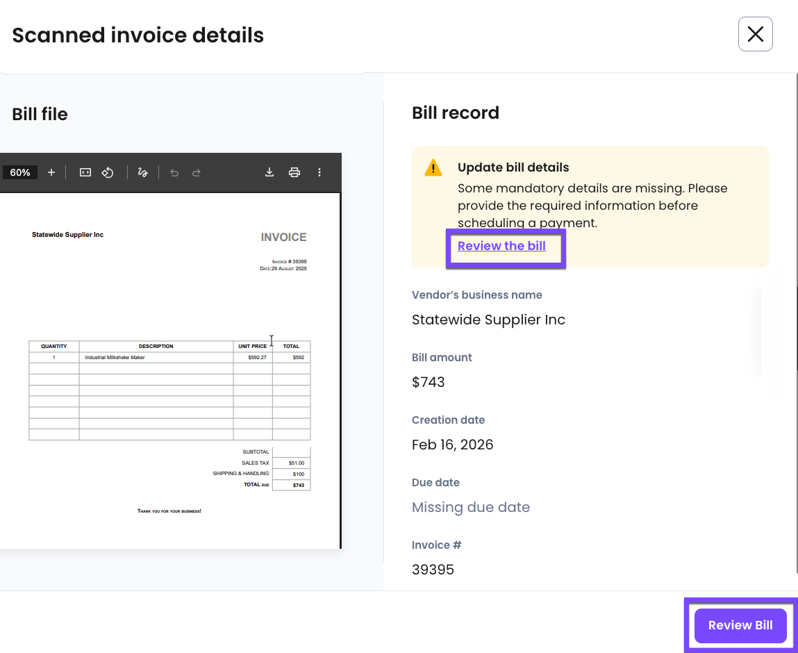 Экран Scanned invoice details с предупреждением о пропущенных данных