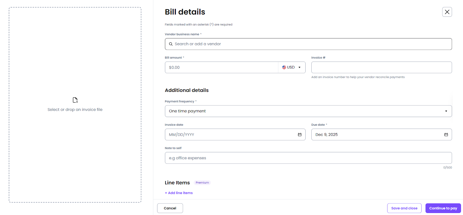 Форма Bill details с областью вложения, реквизитами и кнопками сохранения