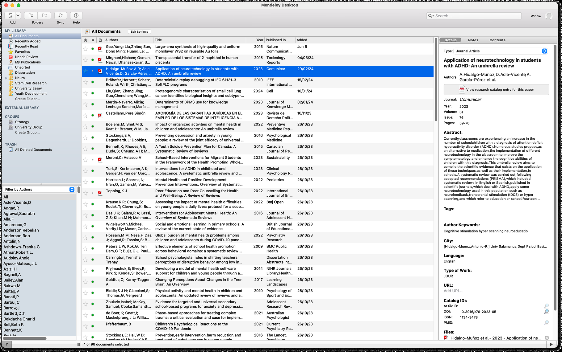 Главное окно Mendeley Desktop с библиотекой, фильтрами и панелью сведений
