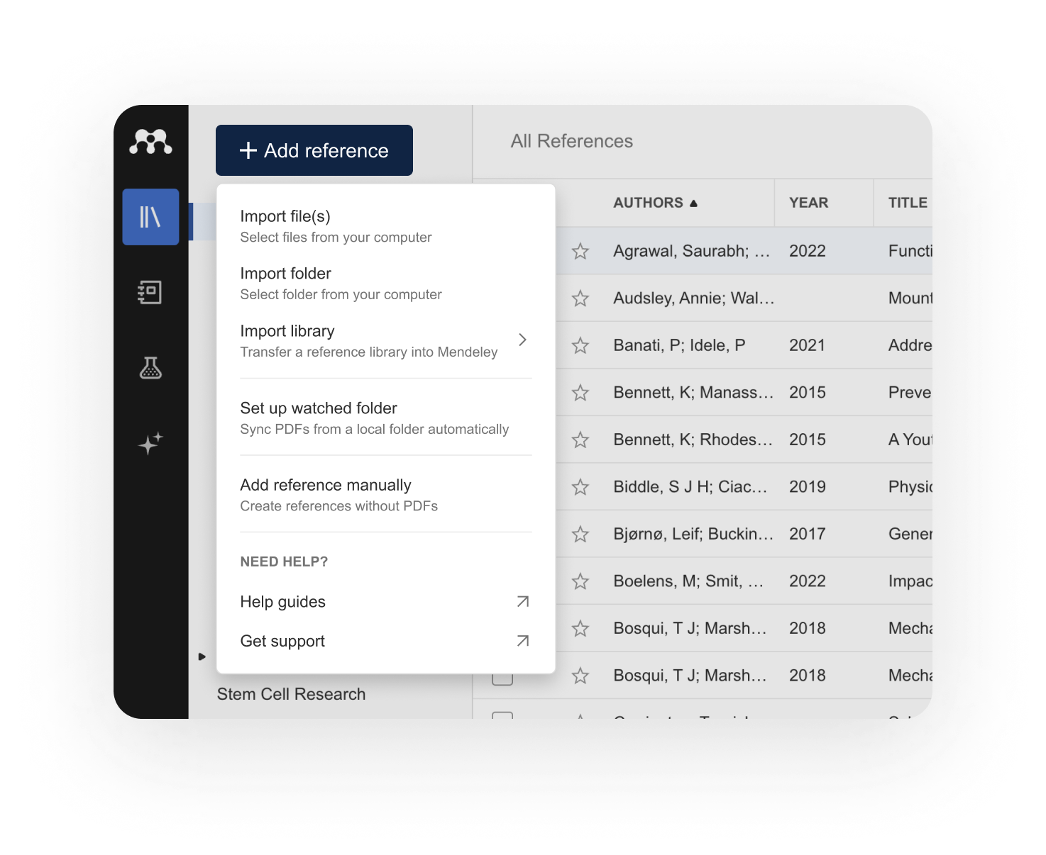 Меню добавления ссылок и PDF в Mendeley Reference Manager