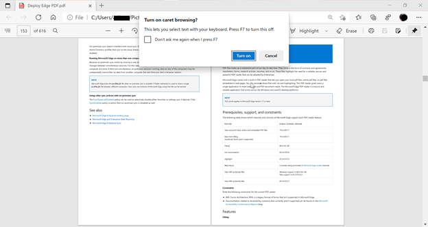 Включение кареточного режима в Microsoft Edge