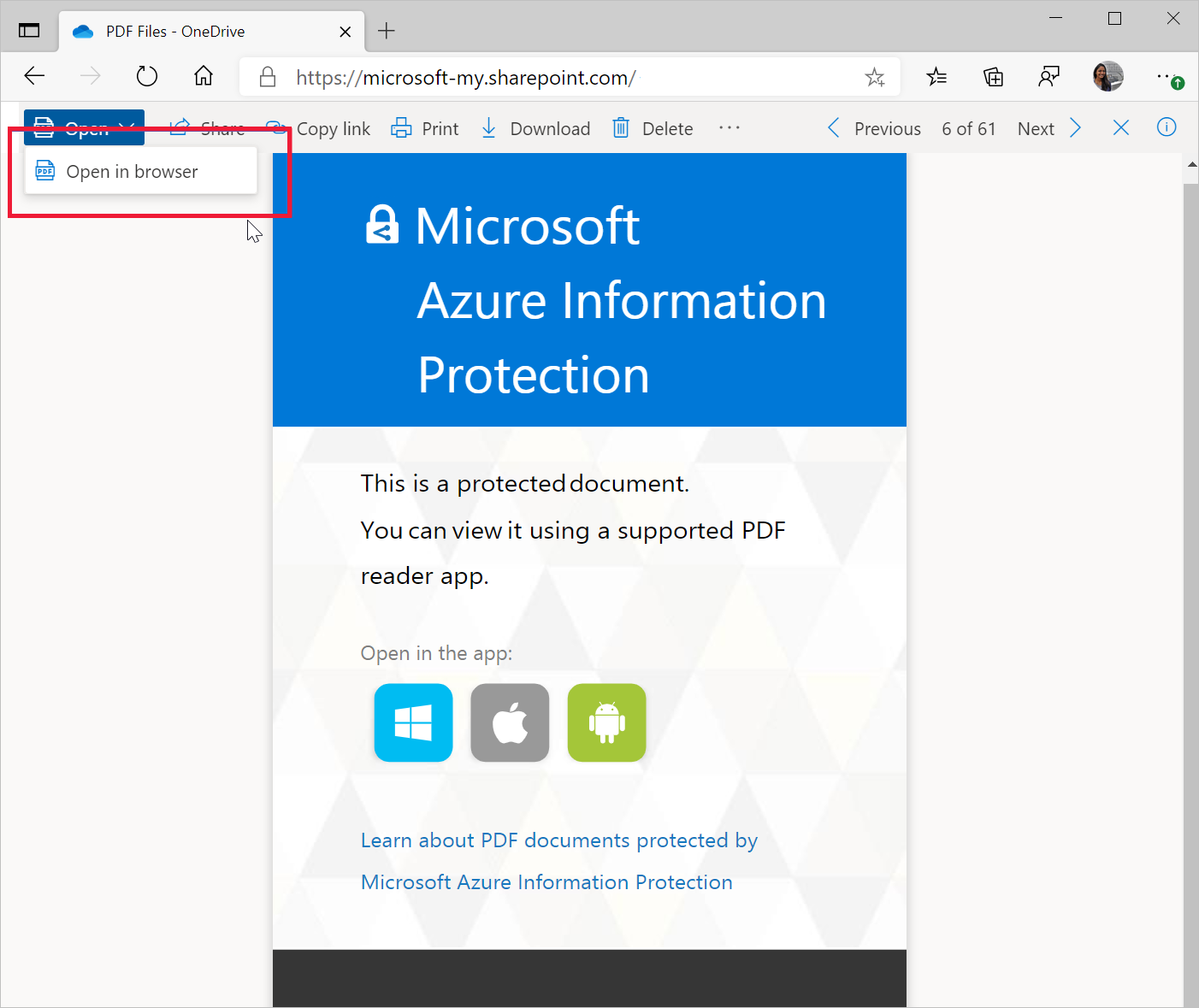 Открытие защищённого PDF из SharePoint в Microsoft Edge
