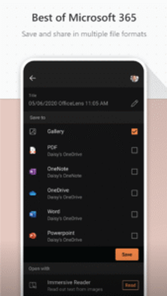 Экран выбора места сохранения Microsoft Lens на Android