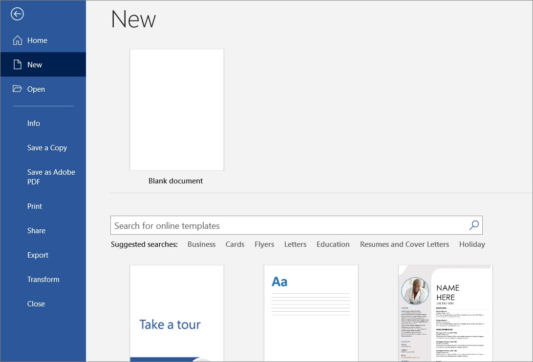Экран создания нового документа и шаблоны Microsoft Word