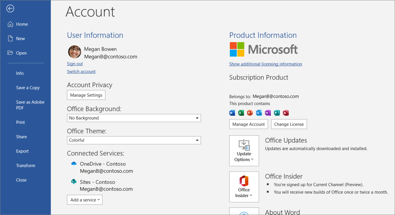 Раздел учётной записи и параметров Microsoft Word