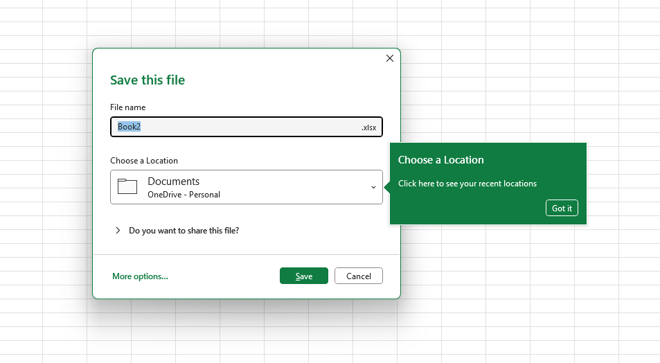 Диалог сохранения книги Microsoft Excel