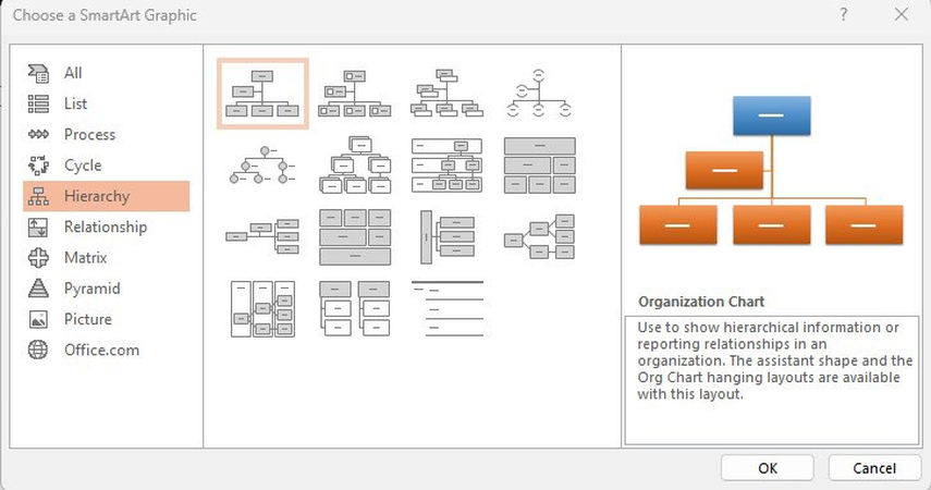 Диалог выбора SmartArt в Microsoft PowerPoint