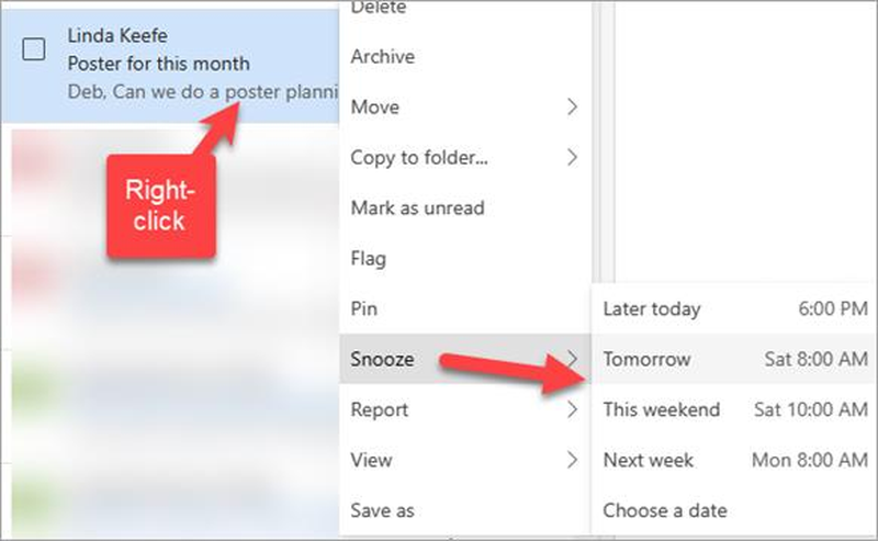 Контекстное меню письма с отложенной обработкой в Microsoft Outlook