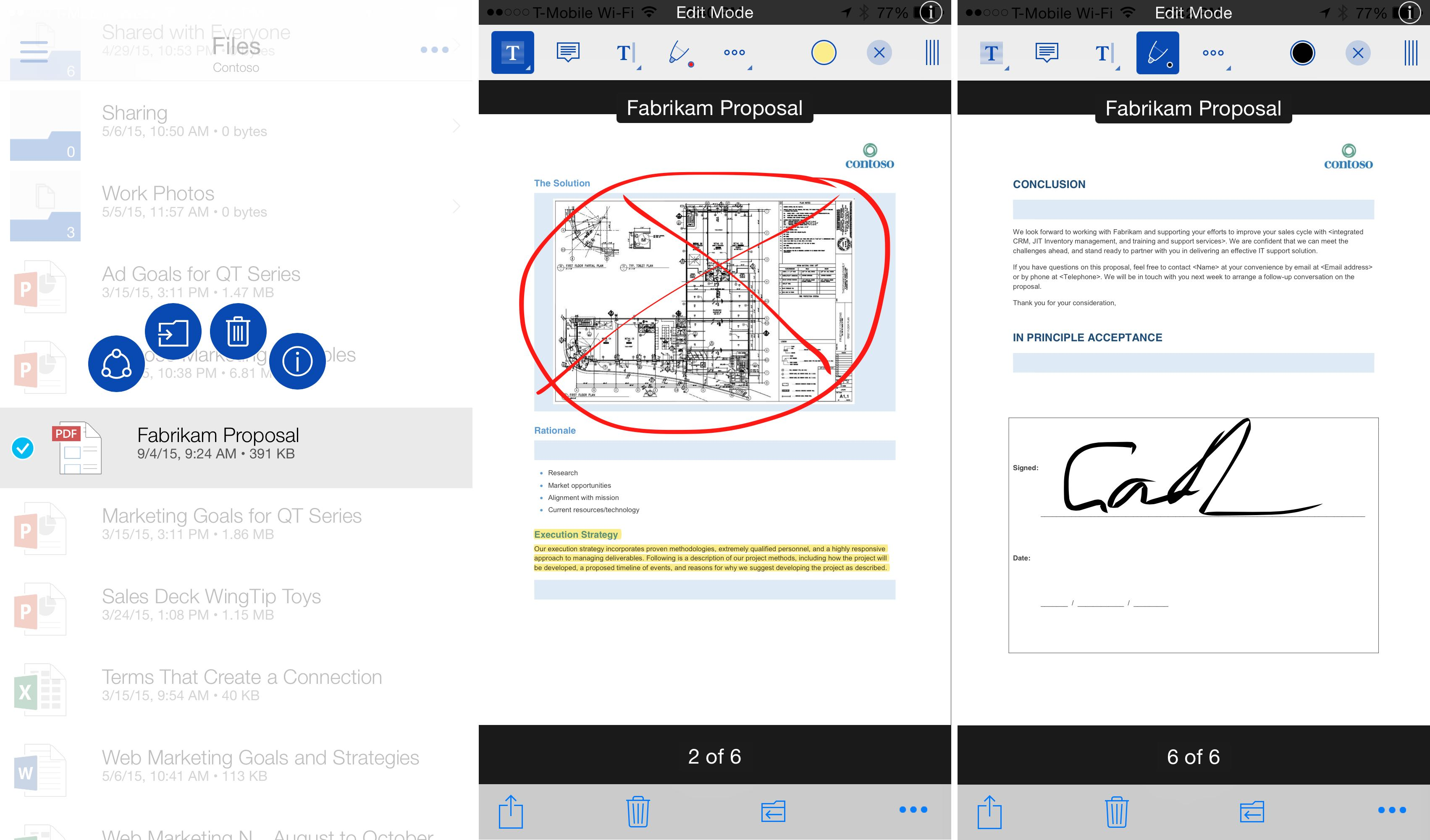 Разметка и рукописная подпись PDF в мобильном OneDrive