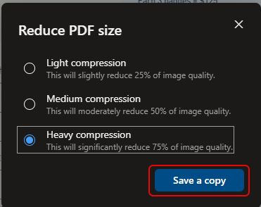 Выбор уровня сжатия PDF в OneDrive