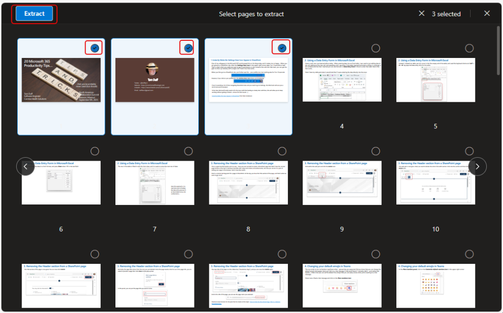 Выбор страниц для извлечения в новый PDF