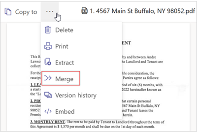 Команда Merge в меню встроенного просмотрщика PDF OneDrive