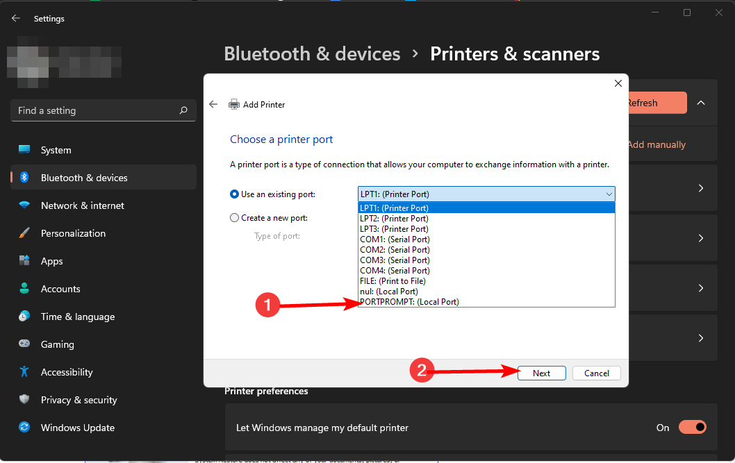 Выбор порта PORTPROMPT для Microsoft Print to PDF