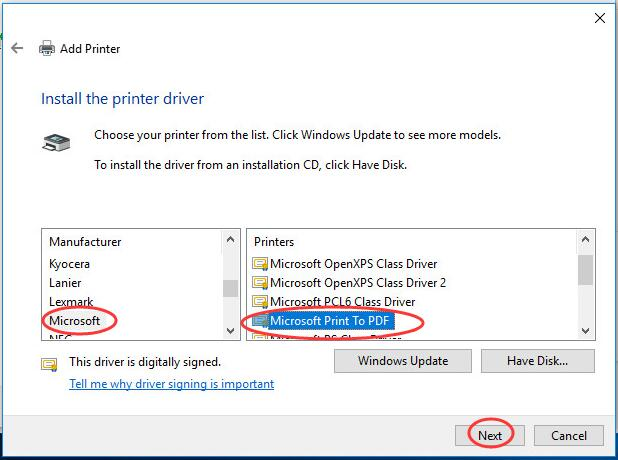 Выбор производителя Microsoft и драйвера Microsoft Print to PDF